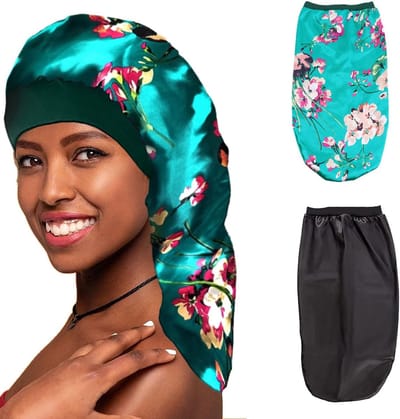 Famanu – Satijnen slaapmuts 2 stuks, haarbonnet voor dames en meisjes, geschikt voor slapen en verzorging, groen