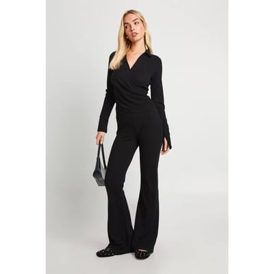 boohoo Dames Rib Wrap Top en Uitlopende Broek Co-ord | Zwart | Maat: 38