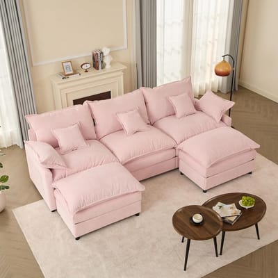 U-vormige Modulaire Hoekbank 274 cm met Slaapfunctie, Chenille Stof, Lichtroze, Diepe Zitting 63,5 cm – Luxe Woonlandschap 5-Zits met Ottomane en Kussens – Laura