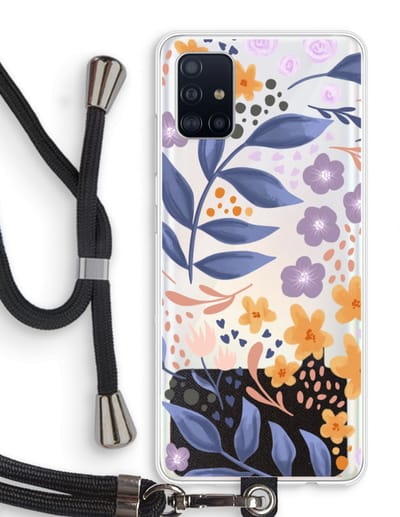 Case Company® - Hoesje met koord geschikt voor Samsung Galaxy A51 4G hoesje met Koord - Flowers with blue leaves - Telefoonhoesje met Zwart Koord - Bescherming aan alle Kanten en Over de Schermrand