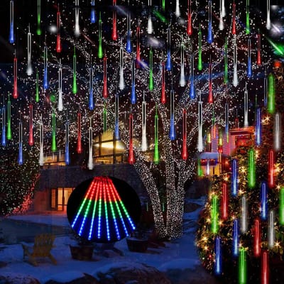 MUPOO 4x Kerstverlichting Meteorenregen Lichtsnoer voor buiten- 30cm 192 LEDS Veelkleurig - Vallende Sterren Effect-360° Buitenverlichting -Energiebesparing en milieubescherming- Perfect voor Gevelverlichting en Feestdecors
