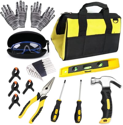 Complete 24-delige gereedschapsset voor kinderen met houtbewerkingsgereedschap, inclusief hamer, tang, schroevendraaiers, waterpas, veiligheidsbril en handschoenen.