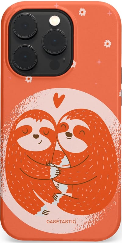Casetastic Hoesje Geschikt voor Apple iPhone 14 Pro Magsafe - Stijlvolle Beschermende Duo-layer Case - Oranje Pastel Roze Liefdes Koppel Luiaard
