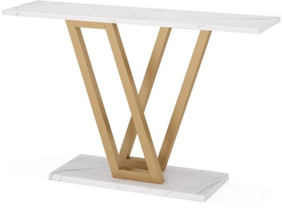 STILVORA Consoletafel - Slank Ontwerp Met V-Poten - Voor Hal En Woonkamer - Metaal En Hout - 110x30x80 Cm - Goud;Wit
