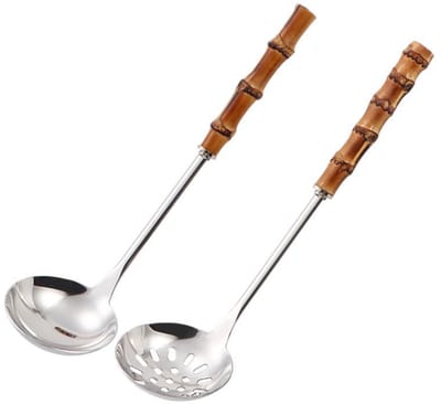 Lepels - 2-delige set - Soeplepel van roestvrij staal met bamboe handvat - Soeplepel met lange steel - Soeplepel - Zeef - Zeefset - Duurzaam en comfortabel keukengerei