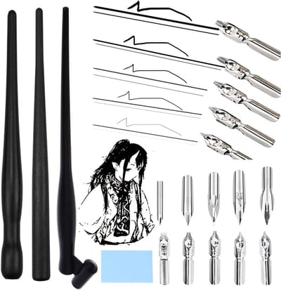 Penhouder voor Comics kalligrafieset, 10 veren incl. G/D/Round/Studend veren & 0,75/1/1,5/2/3 mm, 3 soorten kaligrafiepennen, tekenveer, dip pen voor beginners, kunstenaars