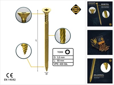 FORTE Tools universele houtschroef 3,5 x 50 mm T15 400 stuks ( 2x 000051399471 ) geel verzinkt Torx verzonken kop volledig schroefdraad