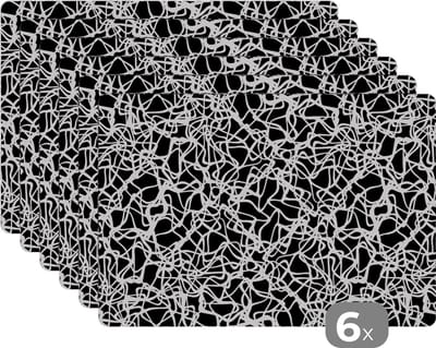 Placemat - Placemats kunststof - Patroon - Abstract - Zwart Wit - 45x30 cm - 6 stuks - Hittebestendig - Anti-Slip - Onderlegger - Afneembaar
