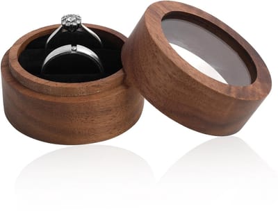 Dailygoods - Massief walnoot ringendoosje (koffie, 5 x 3,5 cm) – ronde fluwelen ringendoos met helder venster, trouwringbox voor verloving, huwelijksaanzoek en bruiloft, sieradenkistje van hout, 2 sleuven