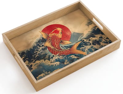 Dienblad hout 40x30 cm - Schootdienblad - Koi - Zee - Golven - Zon - Borrelplank rechthoek - Plateau dienbladen