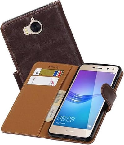 Zakelijke Book Case Telefoonhoesje Geschikt voor de Huawei Y5 / Y6 2017 - Portemonnee Hoesje - Pasjeshouder Wallet Case - Mocca