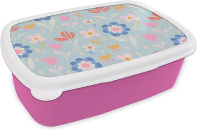 Broodtrommel Roze - Lunchbox - Brooddoos - Bloemen - Planten - Patroon - 18x12x6 cm - Kinderen - Meisje