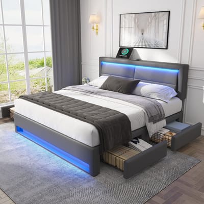 DESMIU Gestoffeerd Bed 140x190 cm – USB-Opladen & Draadloos Laden – Ledverlichting – 4 Opberglades – Voor Slaapkamer – PU Kunstleer – Grijs – Zonder Matras
