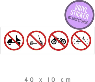 Pictogram/ vinyl sticker | Verboden voor fatbikes/ fietsen/ steps/ bromfietsen | 40 x 10 cm | Hoogwaardige zelfklever | Watervast | Overlast | Fietsers | E-step | Snorfiets | Zelfklevend | 1 stuk