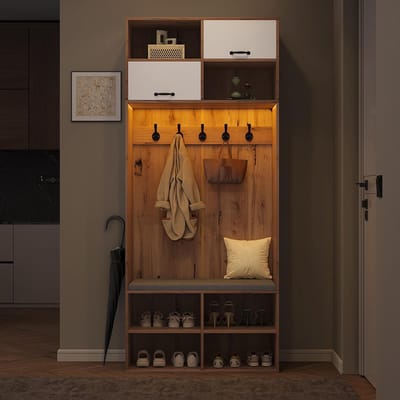 BLACKCOLORS - Garderobeset - Complete garderobeset voor de hal met bank - 5 haken - 2 deuren - 6 open opbergvakken - Naturel hout en wit
