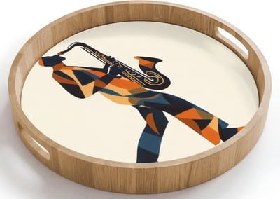 Dienblad rond 40x40 cm - Schootdienblad hout - Saxofoon - Abstract - Persoon - Blauw - Borrelplank rechthoek - Plateau houten dienbladen