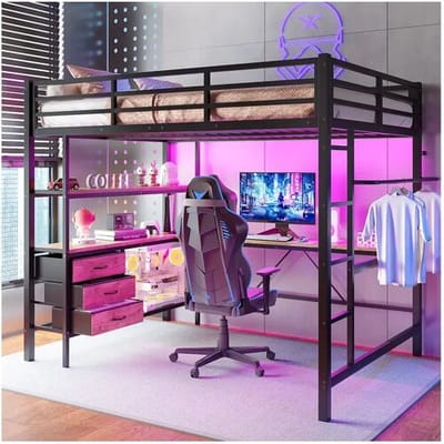 Merax Hoogslaper 140 x 200 cm met hoekbureau, 3 lades en planken - USB-poort en sfeerverlichting - Metaal - Zwart (matras niet inbegrepen)