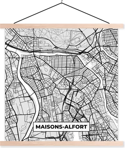 Posterhanger incl. Poster 40x40 cm - Schoolplaat - Plattegrond - Kaart - Stadskaart - Frankrijk - Maisons-Alfort - Textielposter - Blanke latten - Stadskaart