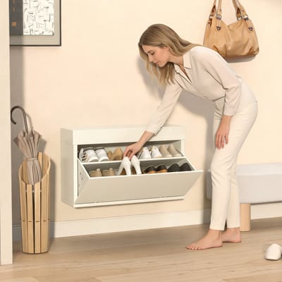 Metalen Schoenenkast – Stapelbaar Schoenenrek – Dubbele Rij – Geschikt voor Maat 47 & Laarzen – Ruimtebesparend – Industrieel – Beige - 6-8 Paar – Veehaus Rowan
