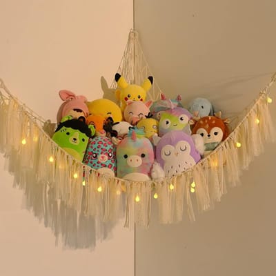 Hammock voor Knuffeldieren - Macrame Boho Opbergnet voor Pluche Speelgoed en Teddyberen - Zachte Hoekoplossing voor de Kamer, Off-White