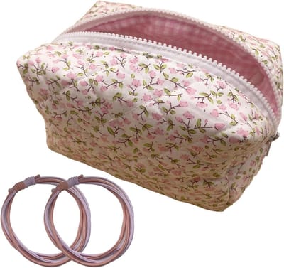 Roze bloemenprint toilettas met twee roze haarbanden, ideaal voor make-upkwasten en schoonheidsproducten, ruime opbergruimte en zacht katoen.