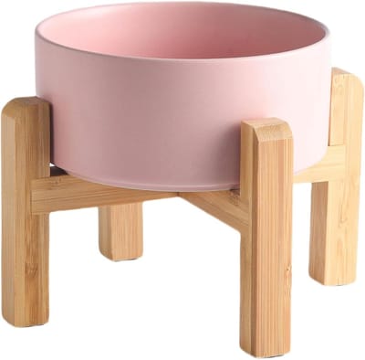 Keramische Hondenbak - Voerbak Verhoogd - Honden Voeden - Antislip Bamboe Standaard - 30 oz - Wit