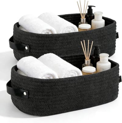 Set van 2 Gevlochten Zwarte Katoenen Opbergmanden, 28x10x10cm, Multifunctionele Mand voor Badkamer, Slaapkamer en Woonkamer