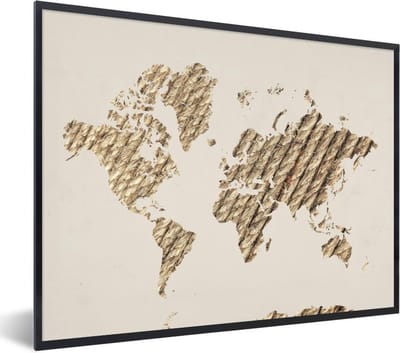 Poster in lijst - Fotolijst 80x60 cm - Posters - Wereldkaart - Touw - Beige - Posterlijst zwart - Decoratie - Wanddecoratie woonkamer - Muurdecoratie slaapkamer