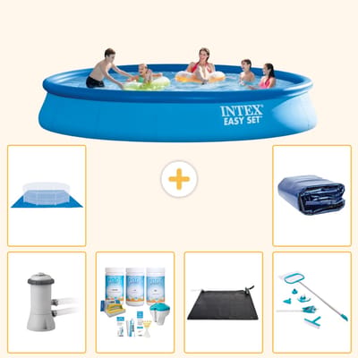 Intex Rond Opblaasbaar Easy Set Zwembad - 457 x 84 cm - Blauw - Inclusief Pomp - Onderhoudspakket - Solar Mat - Schoonmaakset - Grondzeil - Solarzeil - 7-delig
