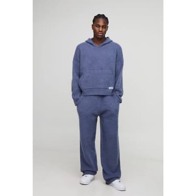 Boxy fit geborstelde hoodie en uitlopende jogger trainingspak | Slate Blue | Size XS