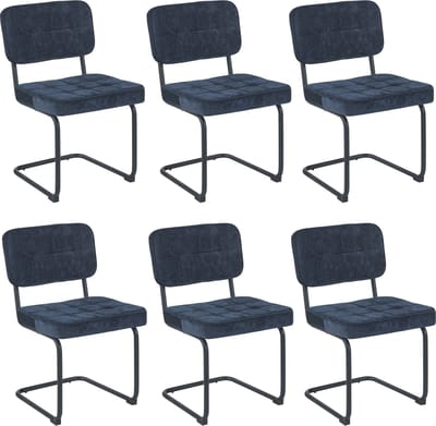 Colenis - Buisframe Stoel Kita - Eetkamerstoel - Set van 6 - Donkerblauw - Chenille Stof - Metalen Frame - Industrieel Design
