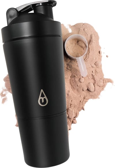 Motivai RVS Shakebeker met Poedercompartiment - Zwart - Shaker - 2 Delige Shaker - 600ml - Motivatie Waterfles - Dames - Voor het maken van Shake's - Thermo Shakebeker - Ook voor Supplementen - Extra Compartiment van 200g - Met Shakebal