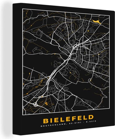 Canvas Schilderij Bielefeld - Kaart - Plattegrond - Stadskaart - Goud - Duitsland - 20x20 cm - Wanddecoratie