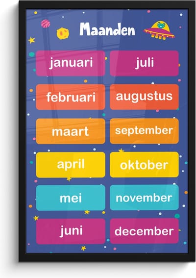 Poster in lijst - Fotolijst 40x60 cm - Posters - Maanden - Educatief - Leren voor kinderen - Ruimte - Posterlijst zwart - Kamer decoratie - Wanddecoratie kinderkamer - Muurdecoratie babykamer