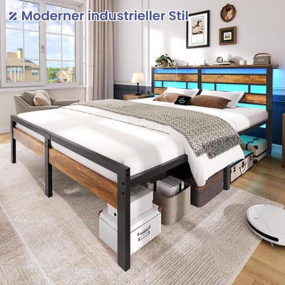 LuminaCharge Luxe LED Bedframe 180 x 200 cm met Oplaadstation, Hoofdbord, Metalen Lattenbodem en Opbergruimte – Industrieel Tweepersoonsbed 180x200 cm