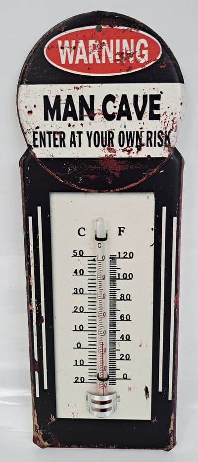 Blikken thermometer HK209 Mancave enter at your own risk warning voor binnen of buiten hoogte 30 cm - celsius en fahrenheit - nostalgic vintage art man cave