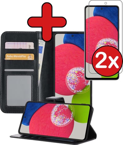 Hoesje - Met 2x Screenprotector - Geschikt voor Samsung Galaxy A52s 5G - Luxe Pasjeshouder - Flip Case - Bookcase Portemonee - Kunstleer Book Case - Flipcase Hoes - Book Cover - Walletcase - Portemonneehoes - Telefoonhoes - Zwart