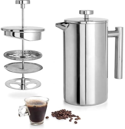 GELLDG Koffiepers - Franse Pers 1000ml - Dubbelwandige Thermoskan - Geschikt voor Thuis en Kantoor - RVS Constructie met 5 Filters - 17.5x22cm