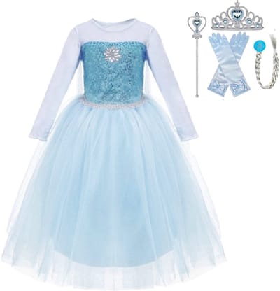 Frozen verkleedkleding - Prinsessenjurk meisje - Elsa jurk - Het Betere Merk - Prinsessenkroon - 122/128 - tiara - Toverstaf - Lange Prinsessenhandschoenen - Haarvlecht - Juwelen - Prinsessen