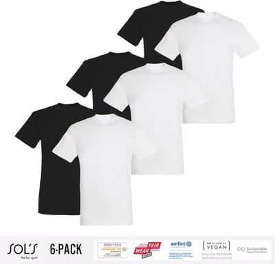 6 Pack Sol's Heren T-Shirt 100% biologisch katoen Ronde hals Zwart en Wit Maat M