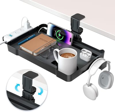 Rotating Clamp Desk Organizer - 360° Organizer with Headphone Hanger, Phone Slot, Cup Holder and Cap Holder - No Drilling Required for Home Office