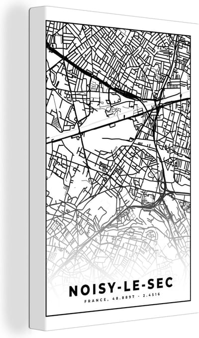Canvas Schilderij Stadskaart - Noisy-le-Sec - Plattegrond - Kaart - Frankrijk - Zwart wit - 20x30 cm - Wanddecoratie