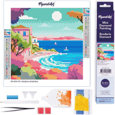 Figured'Art Mini Diamond Painting set Volwassenen 25x25 cm Kleurrijke Franse Riviera - 5D DIY Art full drill ronde diamant - Opgerold canvas
