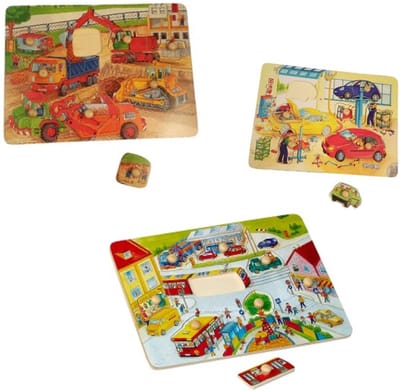 Playwood Knop puzzel bouwplaats-tram-garage  u krijgt 3 assorti geleverd
