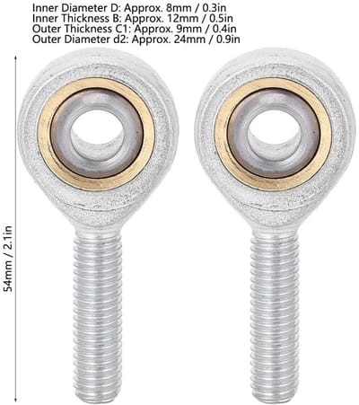 Dailygoods- Stangkop 2 Stuks - Scharnierend Lager - Binnendiameter 8 mm - Buitendiameter 24 mm - Lengte 54 mm - Corrosieweerstand - Glijlager