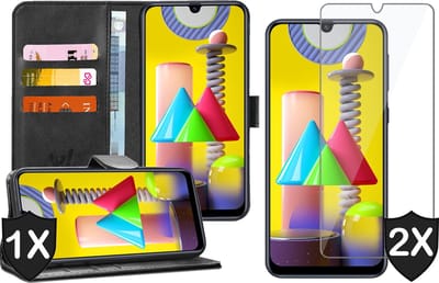 Hoesje geschikt voor Samsung Galaxy M31 - 2x Screen Protector GlassGuard - Book Case Kunstleer Pasjeshouder Zwart & Screenprotector