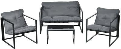 Tuinset - Loungeset met 2-Zitsbank, 2 Fauteuils, Glazen Salontafel & Kussens - Tuinmeubelset voor 4 Personen - Tuinbank - Zitset - Tuinsalon voor 4 Personen - Zitgroep - Weerbestendig - voor Terras, Balkon, Tuin - Grijs + Zwart