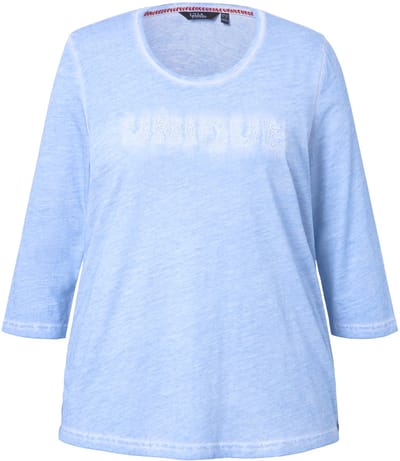 Ulla Popken - Dames - Shirt statementborduursel classic ronde hals 3/4-mouwen - Lichtblauw - Maat 42+