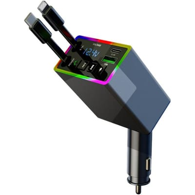 Auto Bluetooth MP3-zender - 4-in-1 Snel Opladen Intrekbare Kabel Autolader met Ingebouwde Mediaspeler Voor iPhone & Android Telefoons