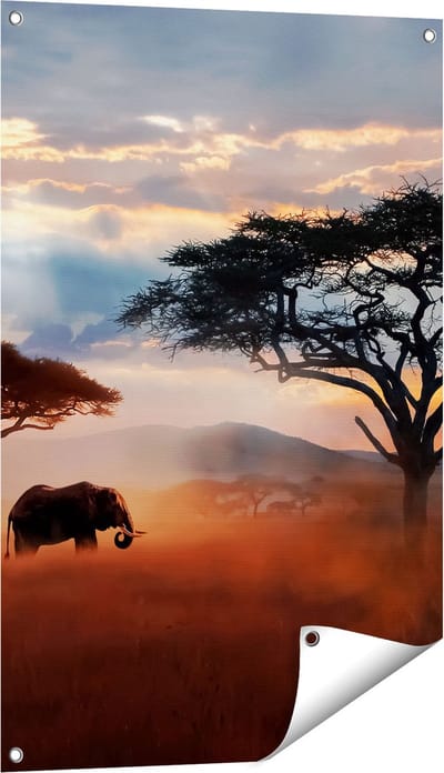 Gards Tuinposter Olifant in het Wild - Savanne - 60x90 cm - Tuindoek - Tuindecoratie - Wanddecoratie buiten - Tuinschilderij